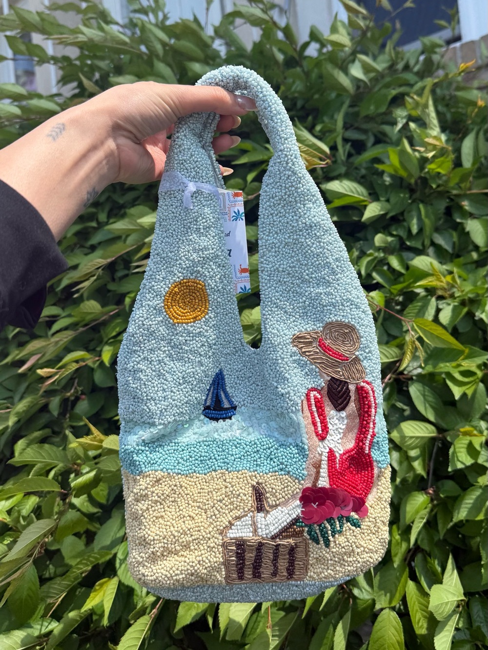 Girl at Beach Scene Beaded Babe Tote Bag Light Blue Viral TikTok NWT